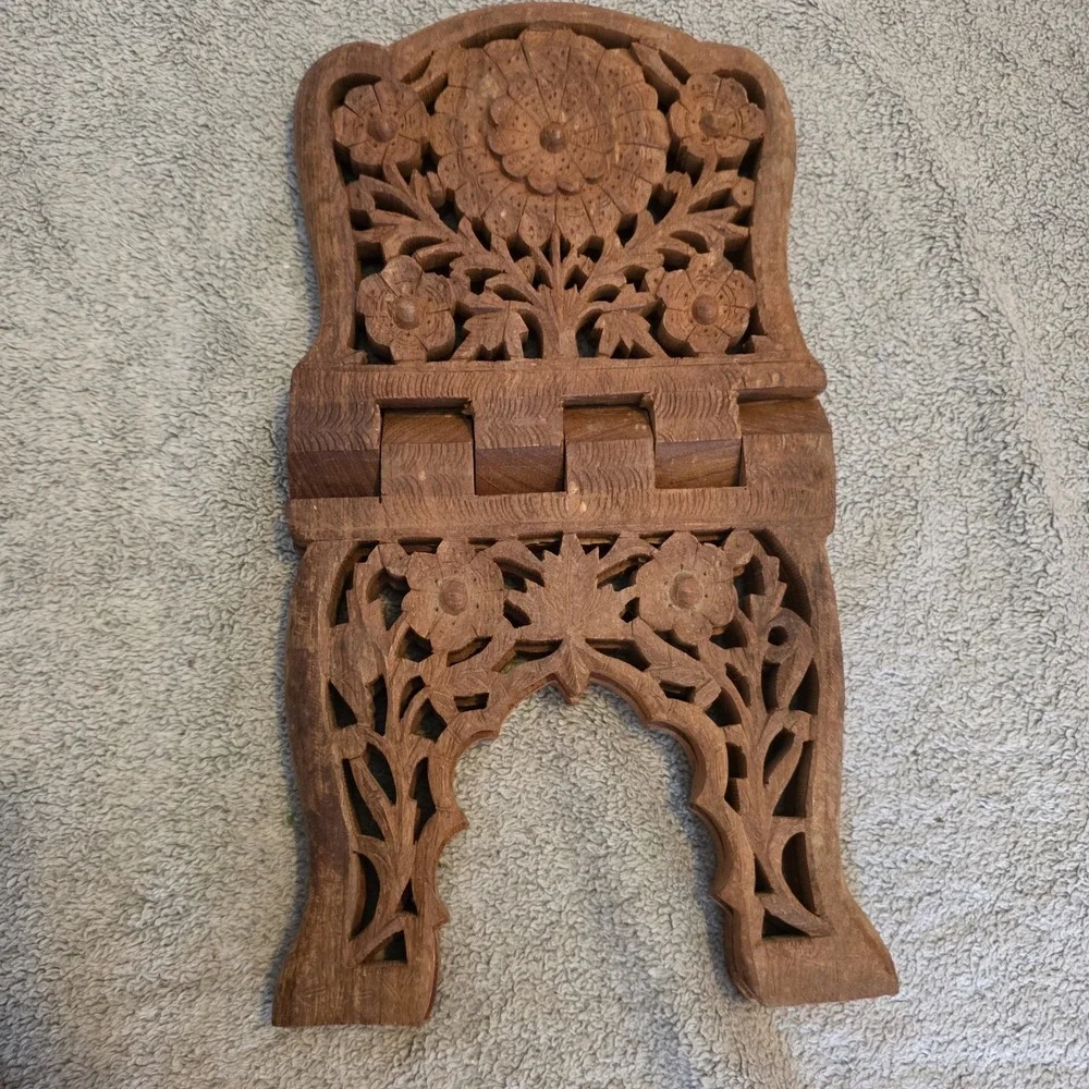 Handcarved Wooden Book Stand cookbook Family Bible